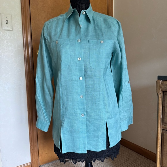 Jordan Vintage Blue Green Teal Linen Button-Down Oversized Shirt Top - Picture 3 of 12